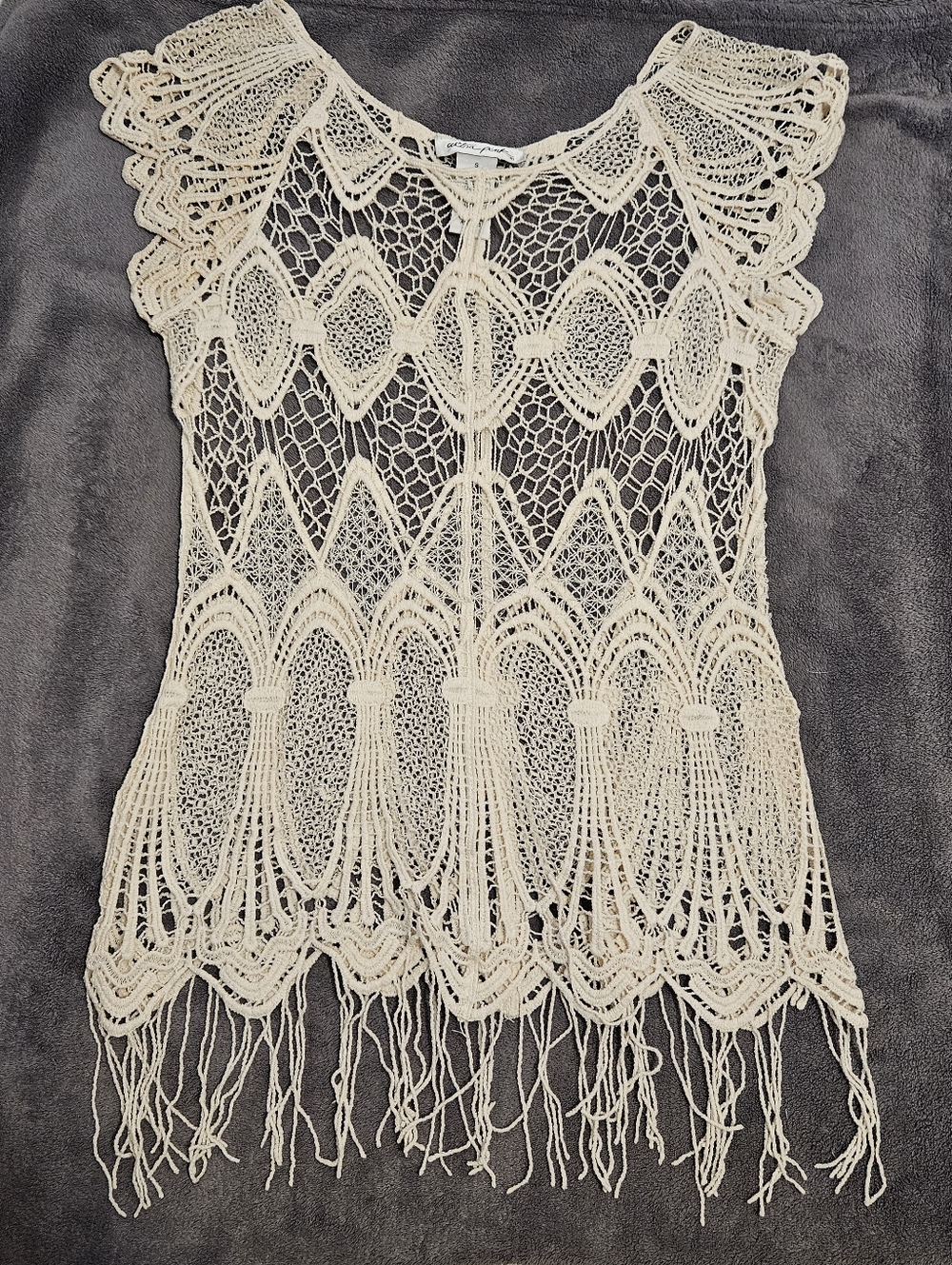 Ultra Pink 100% Cotton Crochet Fringe Tunic Top in Cream